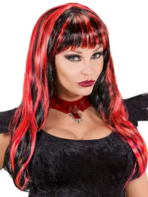 Halloween Černá Paruka s Červenými Prameny